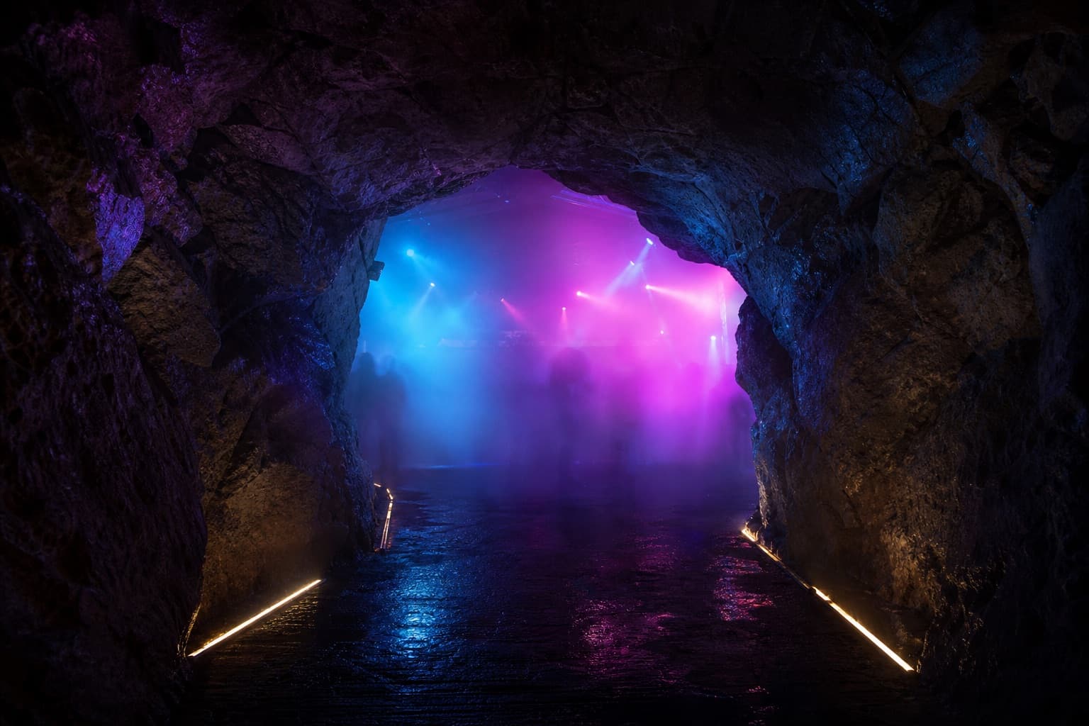 Misty cave entrance into a club with neon lights