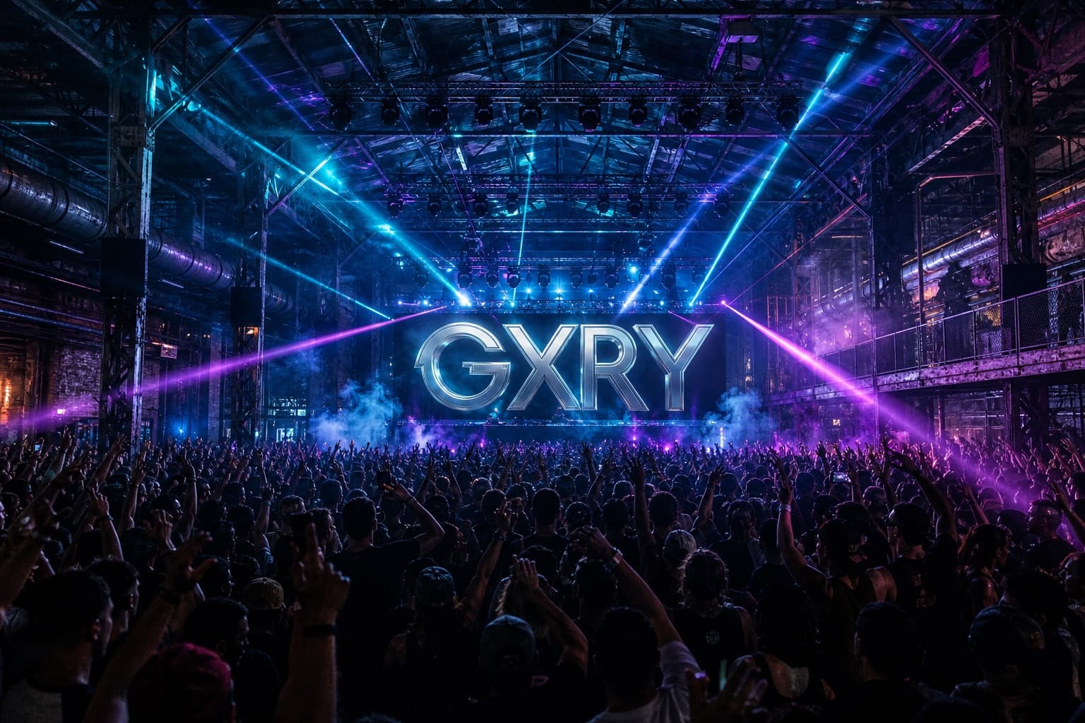 Warehouse EDM concert with steel construction bars